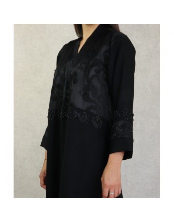 Robe de soirée noire style Abaya Dubaï de qualité avec motifs strass et perles noires 