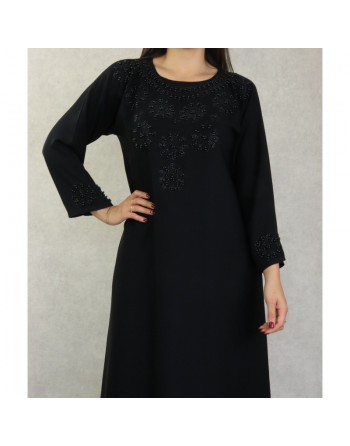 Robe de soirée noire style Abaya Dubaï de qualité avec motifs strass et perles noires 