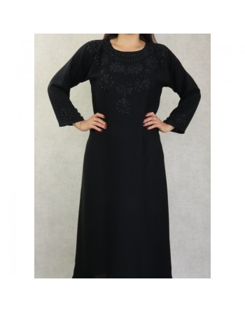 Robe de soirée noire style Abaya Dubaï de qualité avec motifs strass et perles noires 