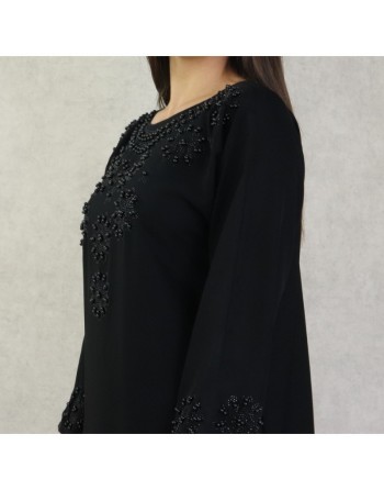 Robe de soirée noire style Abaya Dubaï de qualité avec motifs strass et perles noires 