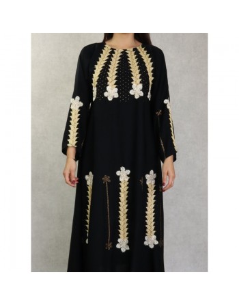 Robe de soirée noire style Abaya Dubaï de qualité avec nombreuses broderies et motifs en strass dorés 