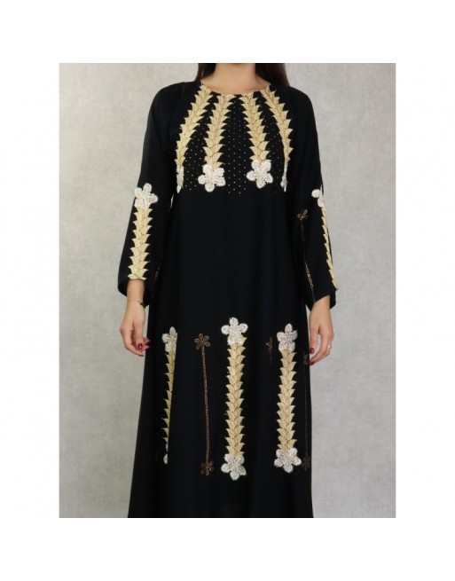 Robe de soirée noire style Abaya Dubaï de qualité avec nombreuses broderies et motifs en strass dorés Robe de soirée noire style Abaya Dubaï de qualité avec nombreuses broderies et motifs en strass dorés