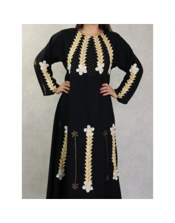 Robe de soirée noire style Abaya Dubaï de qualité avec nombreuses broderies et motifs en strass dorés 