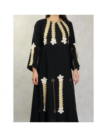 Robe de soirée noire style Abaya Dubaï de qualité avec nombreuses broderies et motifs en strass dorés 