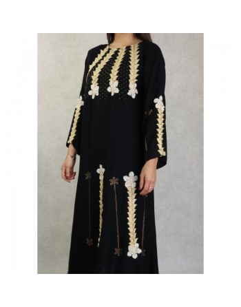 Robe de soirée noire style Abaya Dubaï de qualité avec nombreuses broderies et motifs en strass dorés 