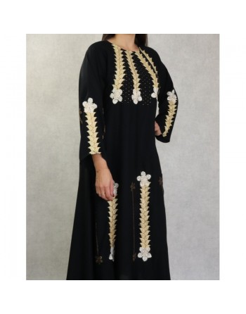 Robe de soirée noire style Abaya Dubaï de qualité avec nombreuses broderies et motifs en strass dorés 