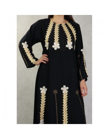 Robe de soirée noire style Abaya Dubaï de qualité avec nombreuses broderies et motifs en strass dorés 