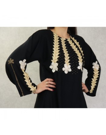Robe de soirée noire style Abaya Dubaï de qualité avec nombreuses broderies et motifs en strass dorés 
