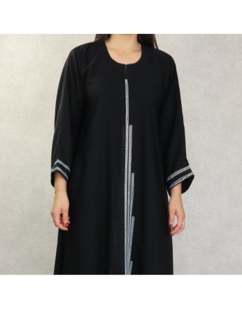 Robe de soirée Abaya Dubaï de qualité avec strass et diamant noirs et blancs - Couleur noir 