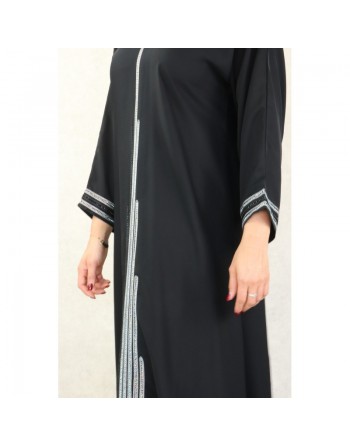 Robe de soirée Abaya Dubaï de qualité avec strass et diamant noirs et blancs - Couleur noir 