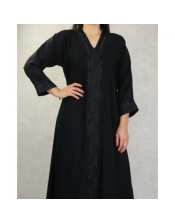 Robe Abaya Dubaï noire de qualité avec strass avec son châle assorti 