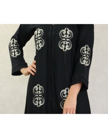 Robe Abaya Dubaï noire de qualité avec strass et broderies 
