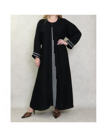 Robe Abaya Dubaï noire de qualité avec strass modèle Burj Khalifa en strass et diamant noirs et blancs 