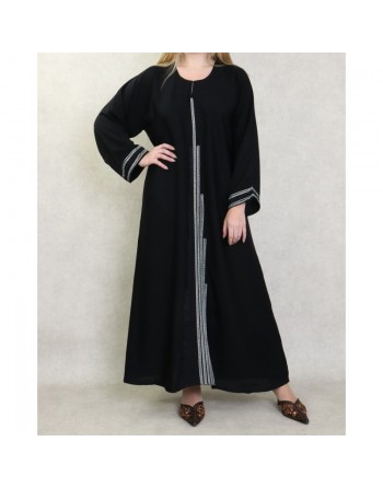 Robe Abaya Dubaï noire de qualité avec strass modèle Burj Khalifa en strass et diamant noirs et blancs 