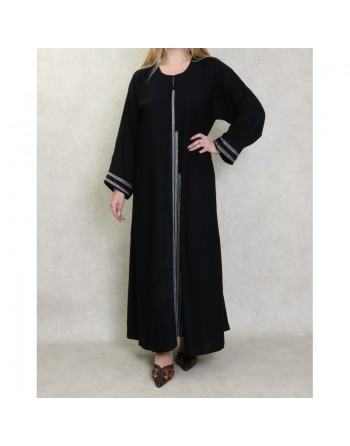 Robe Abaya Dubaï noire de qualité avec strass modèle Burj Khalifa en strass et diamant noirs et blancs 
