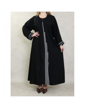 Robe Abaya Dubaï noire de qualité avec strass modèle Burj Khalifa en strass et diamant noirs et blancs 
