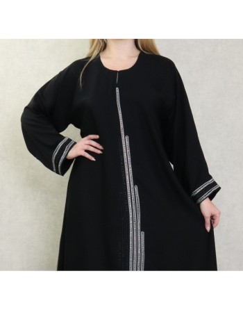 Robe Abaya Dubaï noire de qualité avec strass modèle Burj Khalifa en strass et diamant noirs et blancs 