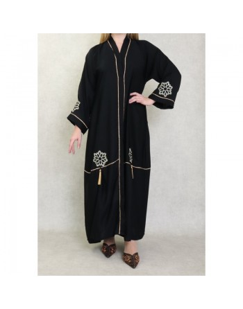 Robe Abaya Dubaï noire de qualité avec strass dorés et broderies 