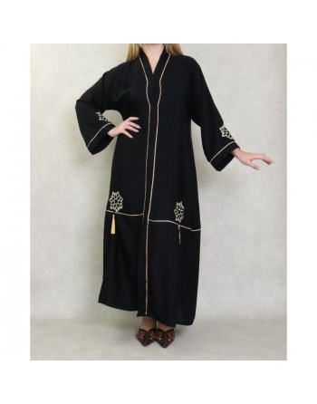Robe Abaya Dubaï noire de qualité avec strass dorés et broderies 