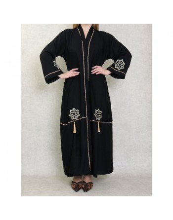 Robe Abaya Dubaï noire de qualité avec strass dorés et broderies 