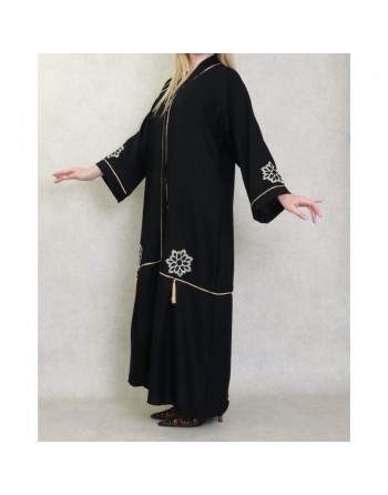 Robe Abaya Dubaï noire de qualité avec strass dorés et broderies 