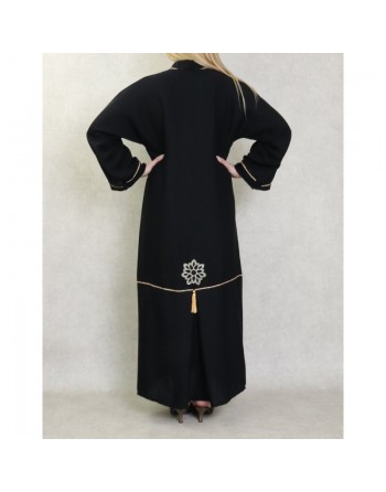 Robe Abaya Dubaï noire de qualité avec strass dorés et broderies 