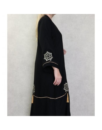 Robe Abaya Dubaï noire de qualité avec strass dorés et broderies 