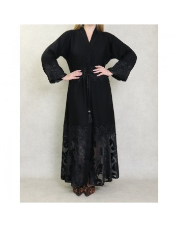 Robe Abaya Kimono Dubaï noire de qualité avec ceinture de serrage interne, strass, perles et broderies 