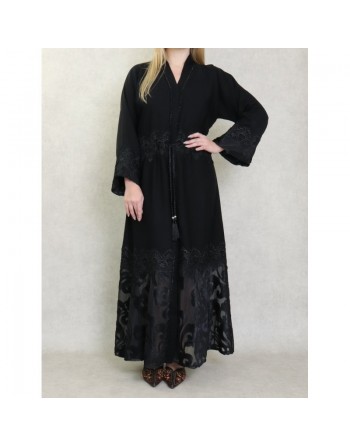 Robe Abaya Kimono Dubaï noire de qualité avec ceinture de serrage interne, strass, perles et broderies 