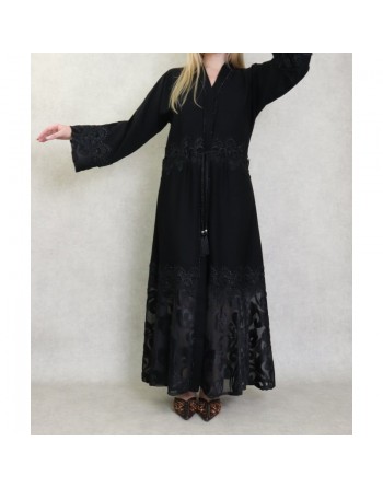 Robe Abaya Kimono Dubaï noire de qualité avec ceinture de serrage interne, strass, perles et broderies 