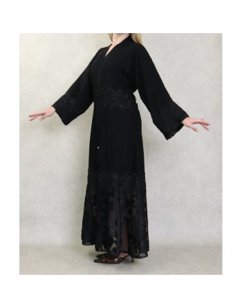 Robe Abaya Kimono Dubaï noire de qualité avec ceinture de serrage interne, strass, perles et broderies 