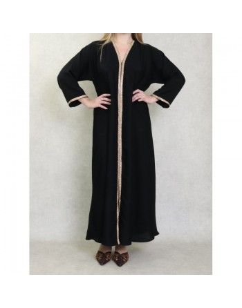 Robe Abaya Dubaï noire de qualité avec strass dorés sur tout le devant - Robes et Abayas Fête de l'Aïd 