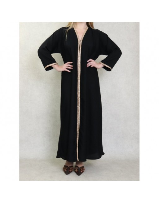 Robe Abaya Dubaï noire de qualité avec strass dorés sur tout le devant - Robes et Abayas Fête de l'Aïd Robe Abaya Dubaï noire de qualité avec strass dorés sur tout le devant - Robes et Abayas Fête de l'Aïd