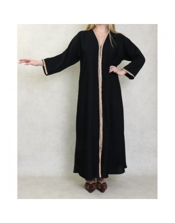 Robe Abaya Dubaï noire de qualité avec strass dorés sur tout le devant - Robes et Abayas Fête de l'Aïd 