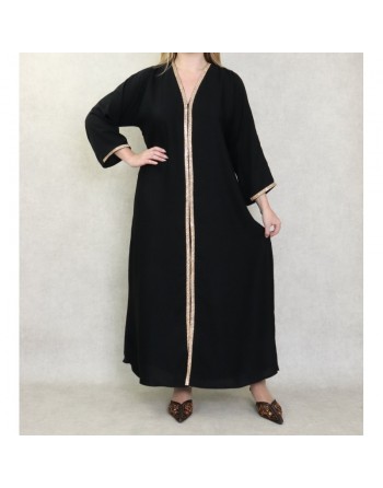 Robe Abaya Dubaï noire de qualité avec strass dorés sur tout le devant - Robes et Abayas Fête de l'Aïd 