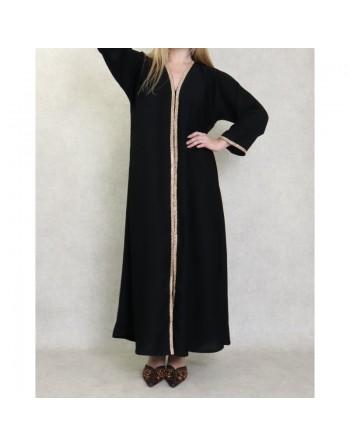 Robe Abaya Dubaï noire de qualité avec strass dorés sur tout le devant - Robes et Abayas Fête de l'Aïd 
