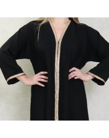 Robe Abaya Dubaï noire de qualité avec strass dorés sur tout le devant - Robes et Abayas Fête de l'Aïd 