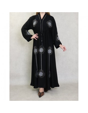 Robe Abaya ample Dubaï noire de qualité avec lien de serrage et nombreuses broderies et strass 