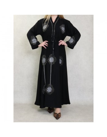 Robe Abaya ample Dubaï noire de qualité avec lien de serrage et nombreuses broderies et strass 