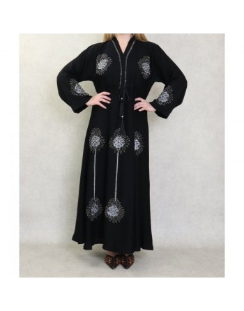 Robe Abaya ample Dubaï noire de qualité avec lien de serrage et nombreuses broderies et strass 
