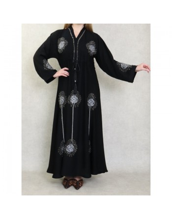 Robe Abaya ample Dubaï noire de qualité avec lien de serrage et nombreuses broderies et strass 