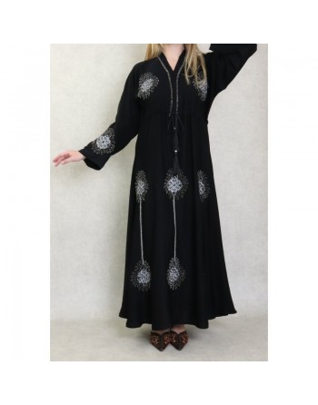 Robe Abaya ample Dubaï noire de qualité avec lien de serrage et nombreuses broderies et strass 