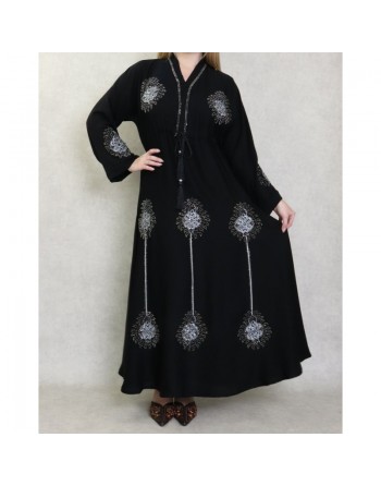 Robe Abaya ample Dubaï noire de qualité avec lien de serrage et nombreuses broderies et strass 