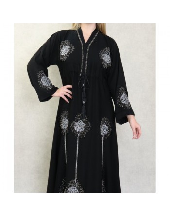 Robe Abaya ample Dubaï noire de qualité avec lien de serrage et nombreuses broderies et strass 