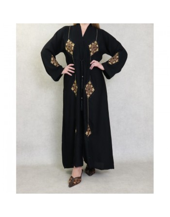 Robe Abaya Dubaï noire de qualité avec ceinture de serrage interne, strass et nombreuses broderies 