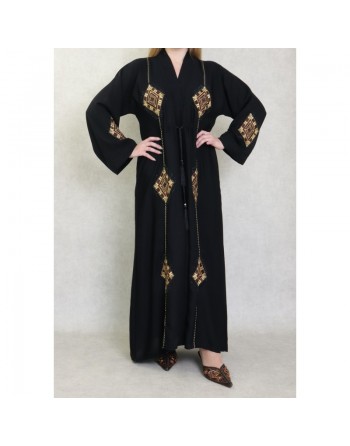 Robe Abaya Dubaï noire de qualité avec ceinture de serrage interne, strass et nombreuses broderies 