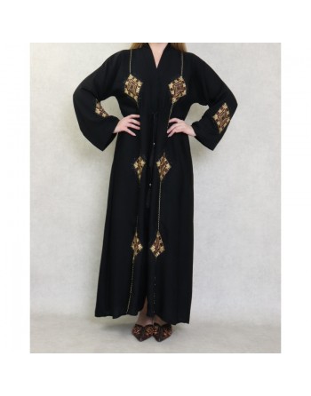 Robe Abaya Dubaï noire de qualité avec ceinture de serrage interne, strass et nombreuses broderies 