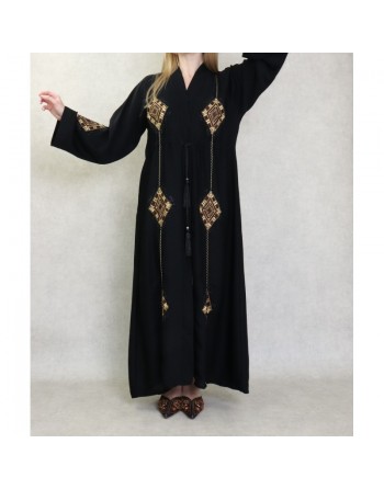 Robe Abaya Dubaï noire de qualité avec ceinture de serrage interne, strass et nombreuses broderies 