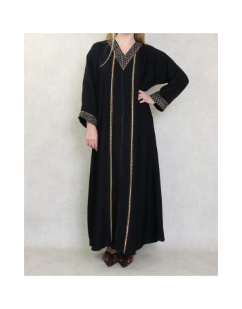 Robe Abaya Dubaï noire de qualité avec motifs strass dorés 