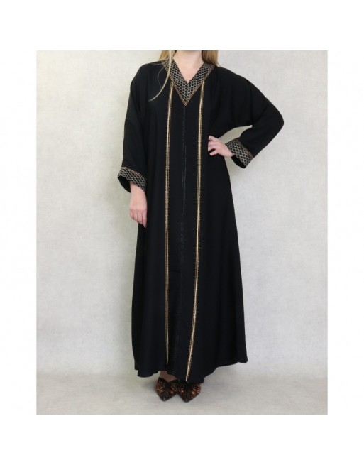 Robe Abaya Dubaï noire de qualité avec motifs strass dorés Robe Abaya Dubaï noire de qualité avec motifs strass dorés